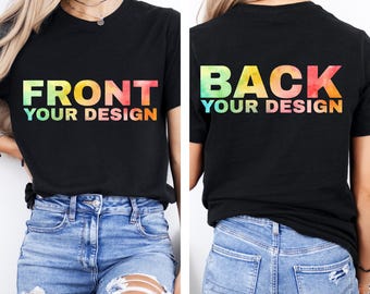 Voor- en achterkant custom design T-shirts, gepersonaliseerde logo shirts, custom bedrijfslogo shirts, custom tekst shirts, custom foto shirts