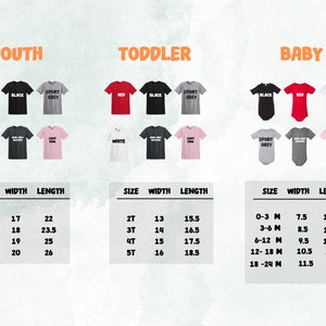 May include: A size chart for children's clothing, including t-shirts and baby onesies. The chart shows various colours, such as red, black, and grey. Measurements are provided in inches for width and length.