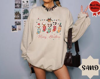 Disney Mickey Friends Christmas Sweatshirt, Mickey Lights Merry Christmas Sweatshirt, Disneyland Xmas Holiday Long Sleeve Shirt for Kids