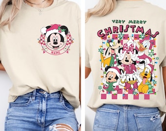 2-zijdig gepersonaliseerd Mickey & Friend roze geruit kerstshirt, Disney kerst-T-shirt, schattig roze kerst-T-shirt, Disney vakantie kerstcadeau