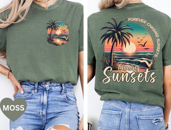 Comfort Colors Chasing Sunsets Beach shirt Forever Chasing Sunsets Tee Sunset Palm Tree Graphic Tee Tropical Coastal Summer Vacay Boho Shirt