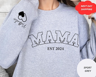 Mama Est shirt with Kid Name on Sleeve, New Mom Gift, Personalized Mom shirt, Mama Shirt, Mothers Day shirt, Mom shirt