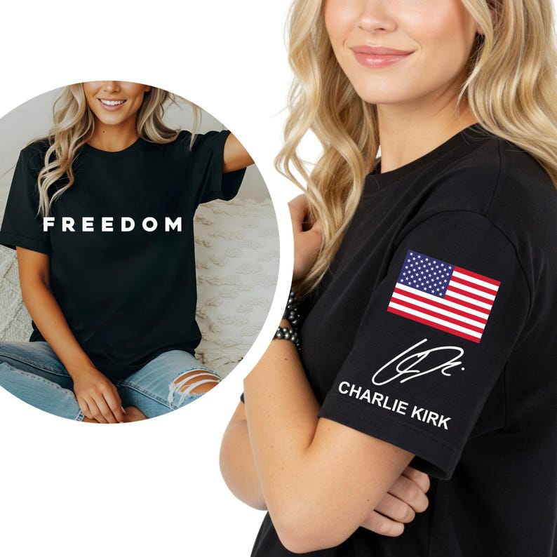 May include: Black t-shirts with white text that reads "FREEDOM" and a US flag patch on the sleeve. One shirt has the signature of Charlie Kirk. The shirts are short-sleeved.