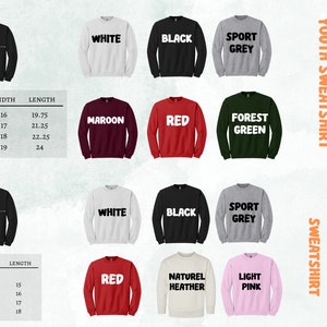 May include: Youth and toddler size sweatshirts in various colors, including white, black, red, maroon, forest green, sport grey, light pink, and natural heather. The sweatshirts are shown with size charts for both youth and toddler sizes.