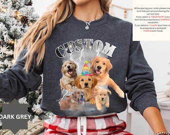 Może przedstawiać: Ciemnoszara bluza z nadrukiem przedstawiającym pięć szczeniąt golden retriever, z których jedno ma na sobie urodzinową czapeczkę. Słowo "CUSTOM" jest wydrukowane nad psami. Tekst "DARK GREY" znajduje się w lewym dolnym rogu.