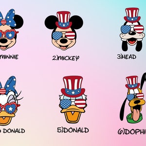 May include: Six cartoon character heads with red, white, and blue patriotic hats and sunglasses. The characters are Minnie Mouse, Mickey Mouse, Goofy, Daisy Duck, Donald Duck, and Pluto.