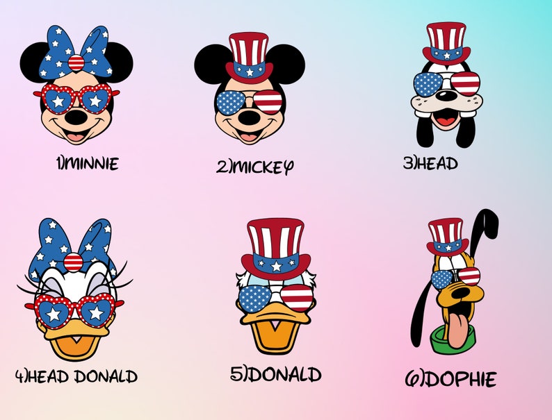 May include: Six cartoon character heads with red, white, and blue patriotic hats and sunglasses. The characters are Minnie Mouse, Mickey Mouse, Goofy, Daisy Duck, Donald Duck, and Pluto.