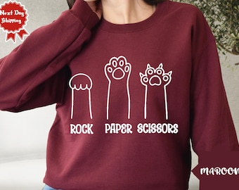 Rock Paper Scissors Sweatshirt, Funny Cat Paw Shirt, Unisex Crewneck Shirt for Cat Lover, Cat Owner Shirt, Cat Paws Shirts, Gift for Cat Mom