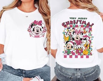 2-zijdig gepersonaliseerd Mickey & Friend roze geruit kerstshirt, Disney kerst-T-shirt, schattig roze kerst-T-shirt, Disney vakantie kerstcadeau
