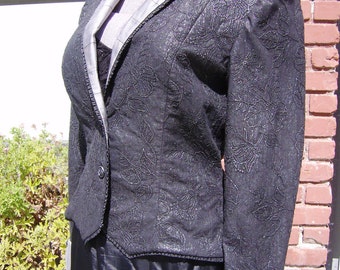 Black Metallic Finish Textured Floral Jacket Retro Victorian Style