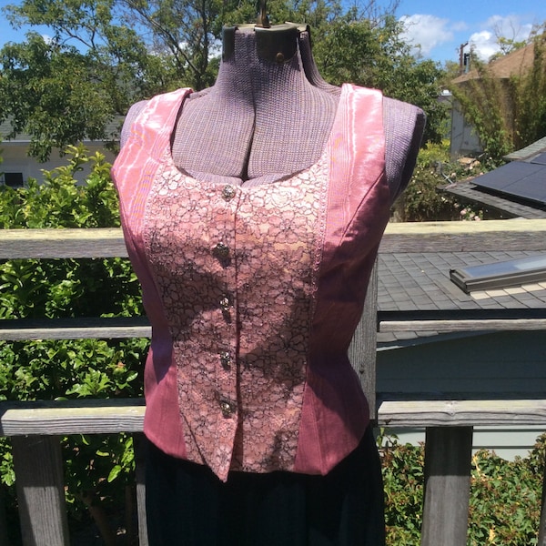 Pink Lace Brocade women's Vest, pink taffeta and lace Top, Holiday Wear