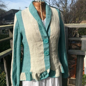 Teal and Beige Striped Linen Jacket With Tails, Steampunk Jacket, Edwardian Style Jacket, OOAK
