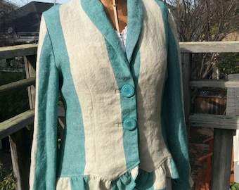 Teal and Beige Striped Linen Jacket With Tails, Steampunk Jacket, Edwardian Style Jacket, OOAK