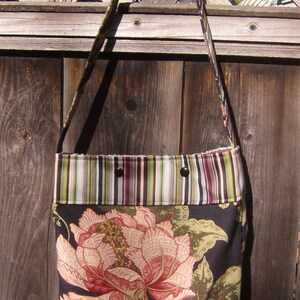Floral Tote Bag, With Striped Trim and Handle