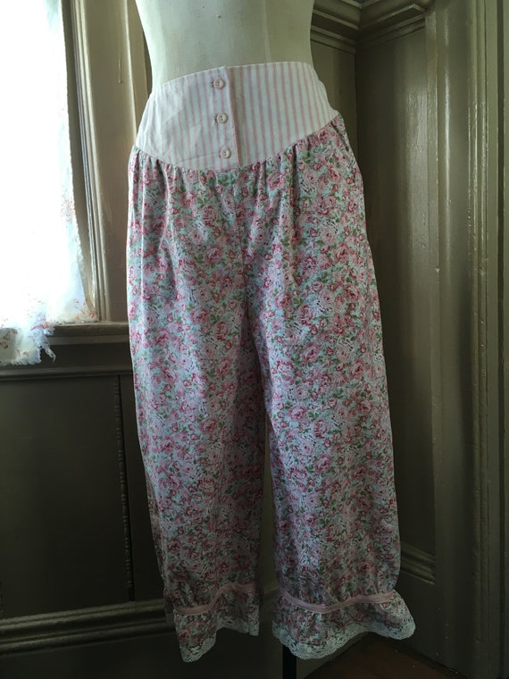 Pink Floral Pantaloons With Striped Yoke 