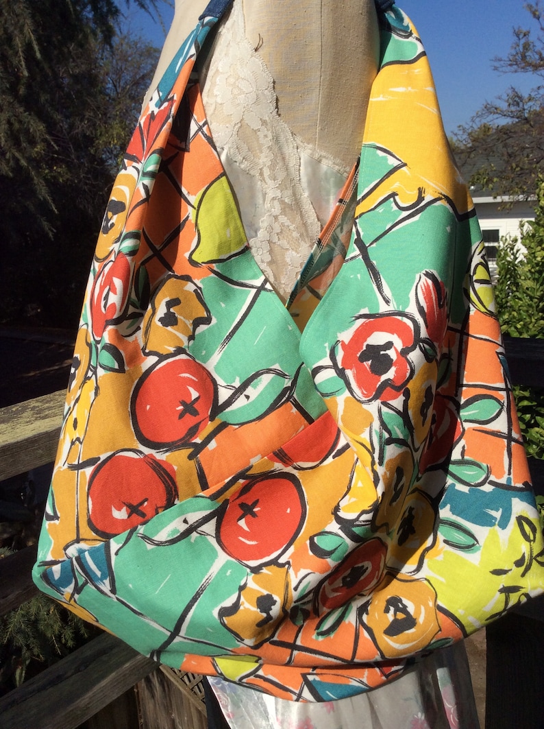Bright Floral Bento Cotton Shopping Bag Expressionist Print Bags Origami Shopping Bags Bento Bag Carryall