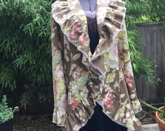 Brown Floral Victorian Style Ruffled Coat, Steampunk Costume