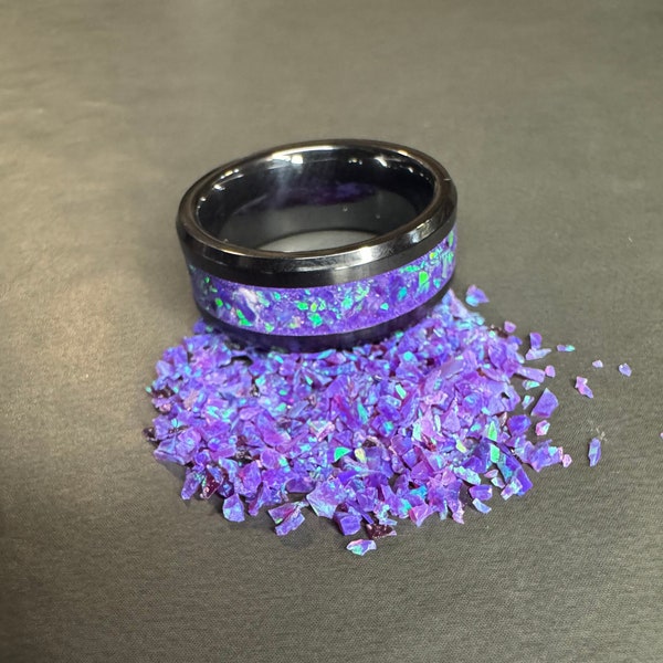 The Cosmos Black ceramic Ring Band with Lavender opals and purple glow powder 4mm,6mm,8mm