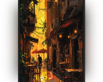 May include: A painting of a narrow, cobblestone street in a European city. The street is lined with buildings and there are tables and chairs set up outside a cafe. The cafe is lit by string lights and there is a person walking down the street.