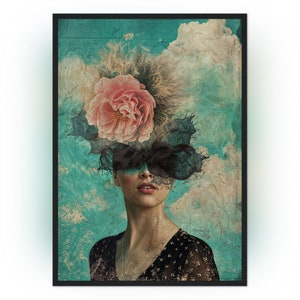 May include: A woman with a pink rose and black lace covering her face, set against a turquoise and brown textured background.