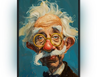 May include: A caricature painting of an older man with white hair and a large, red nose. He is wearing round, yellow-rimmed glasses and a bow tie. The background is a blue-green color.