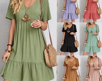 Dames zomer effen casual Boho Midi-jurk Zomer chic, strandstijl, zomerbaddie, medium jurk