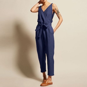 elegante katoenen jumpsuit, zomer jumpsuit, casual jumpsuit, plus size jumpsuit GRATIS Amerikaanse verzending Blauw