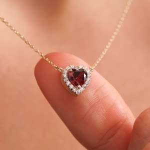 Garnet Heart Pendant Necklace, Personalized Birthstone Necklace, January Birthstone Necklace for Women Gifts For Her, 14K Solid Gold Jewelry