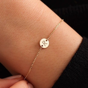 Initial Disc Bracelet, 14k Solid Gold Engraved Letter Bracelet, Dainty Gold Name Bracelet, Personalized Jewelry, Gift for Her,Christmas Gİft