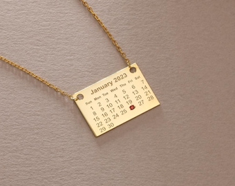 Sterling Silver Calendar Birthstone Necklace: Engraved Date, November 2025 Calendar