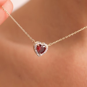 14K Solid Gold Garnet Pendant Necklace, January Birthstone Necklace, Personalized Birthday Gift for Mom,Anniversary Gift,Valentines Day Gift