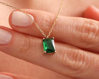 Emerald Green Pendant Necklace: 14k Gold, Dainty Gemstone Jewelry, Christmas Gifts