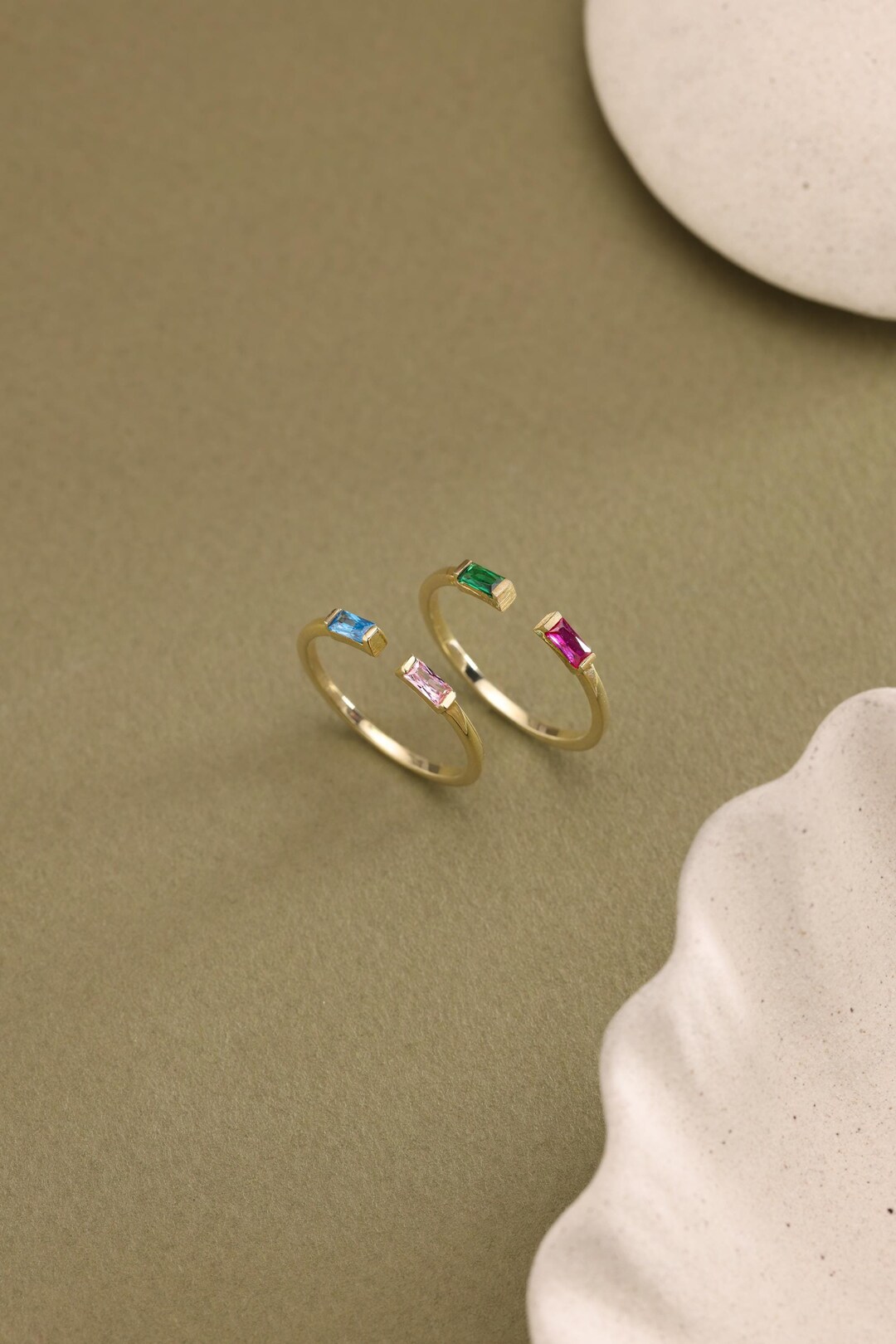 14K Solid Gold Dual Birthstone Ring: Adjustable Gemstone Stackable Ring ...