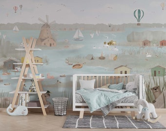 Lindo fondo de pantalla de pueblo, papel tapiz de pelar y pegar, fondo de pantalla extraíble de guardería, fondo de pantalla de calcomanía de arte de pared, decoración moderna de la guardería de la habitación para niños