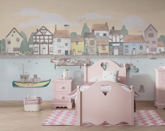 Süße Stadtansicht-Tapete, Peel-and-Stick-Tapete, abnehmbare Kinderzimmer-Tapete, Wandkunst-Aufkleber-Tapete, modernes Kinderzimmer-Kinderzimmer-Dekor