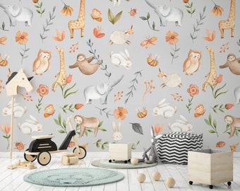 Floral Cute Animals Wallpaper, Peel and Stick Wallpaper , Wall Art Removable Wallpaper, Living Room Decal Wallpaper, Modern Kids Room Decor