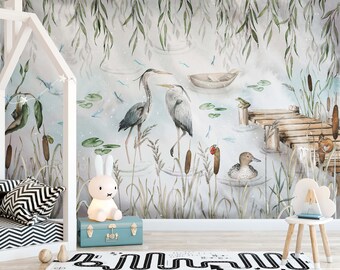 Papier peint oiseaux des marais, papier peint autocollant, papier peint amovible pour chambre d'enfant, papier peint sticker art mural, décoration de chambre d'enfant moderne