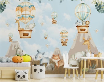 Air Balloon Animals Wallpaper, Removable Wallpaper, Animals Wall Art Peel and Stick Wallpaper, Living Room Decal Wallpaper, Kids Room Decor