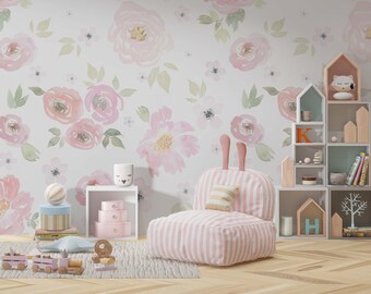 Lindo fondo de pantalla de flores, papel tapiz de cáscara y palo, fondo de pantalla extraíble de la guardería, fondo de pantalla de calcomanía de arte de la pared, decoración moderna de la guardería de la habitación de los niños