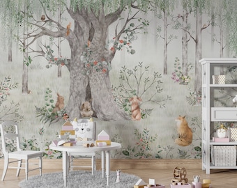 Mother of Forest Tree Wallpaper, Kids Wallpaper Peel and Stick, Nursery Wall Decal, Removable Wallpaper Kids, Nursery Wallpaper, Adhesive