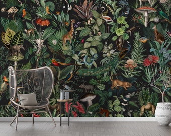 Dark Floral Pattern Wallpaper, Tropical Wallpaper, Peel and Stick Mural Wallpaper, Removable Wallpaper, Self Adhesive, Art Deco Wallpaper