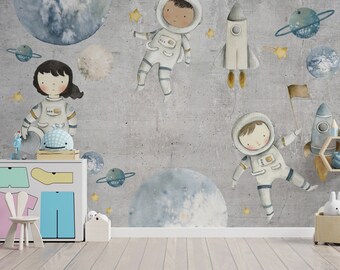 Fondo de pantalla espacial de astronauta, fondo de pantalla extraíble, papel tapiz de cáscara y palo de arte de pared espacial, fondo de pantalla de calcomanía de sala de estar, decoración de habitación para niños