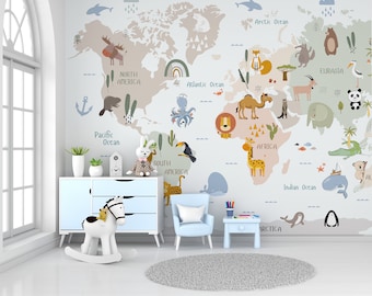 Animals World Map Wallpaper, Peel and Stick Wallpaper , Wall Art Removable Wallpaper, Living Room Decal Wallpaper, Modern Kids Room Decor