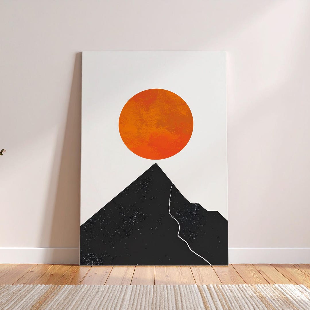 Modern Abstract Mountain Wall Art With Orange Sun – Minimalist Black ...