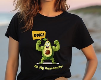 May include: A black t-shirt with a cartoon avocado wearing a superhero costume and a speech bubble that says "OMG!" The avocado is flexing its muscles and the text below says "Oh My Guacamole!"