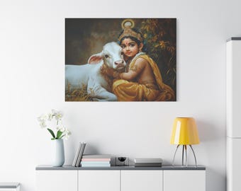 Happy Janmashtami Canvas Print | Little Krishna with Calf | Watercolor Hindu Art | Matte Canvas, Stretched, 1.25"