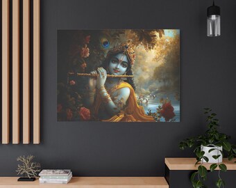 Happy Janmashtami Canvas Print | Little Krishna playing Flute| Watercolor Hindu Art | Matte Canvas, Stretched, 1.25"