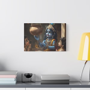 May include: A painting of a blue-skinned Hindu deity, Krishna, holding a pot above his head. Two children, one with brown skin and one with white skin, look up at Krishna with expressions of wonder.