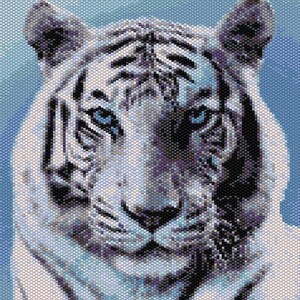 May include: A detailed mosaic portrait of a white tiger with blue eyes. The artwork features a pixelated design with shades of white, black, and purple against a light blue background. The tiger's face is the focal point, showcasing its stripes and intense gaze.