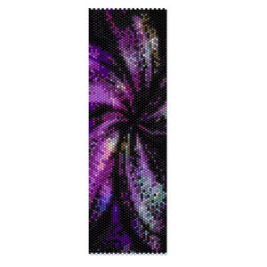 May include: A beaded bracelet with a purple and black floral design. The beads are arranged in a geometric pattern, creating a swirling effect.